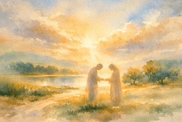 “Two figures greeting in golden light, symbolizing meeting Christ in each other”
