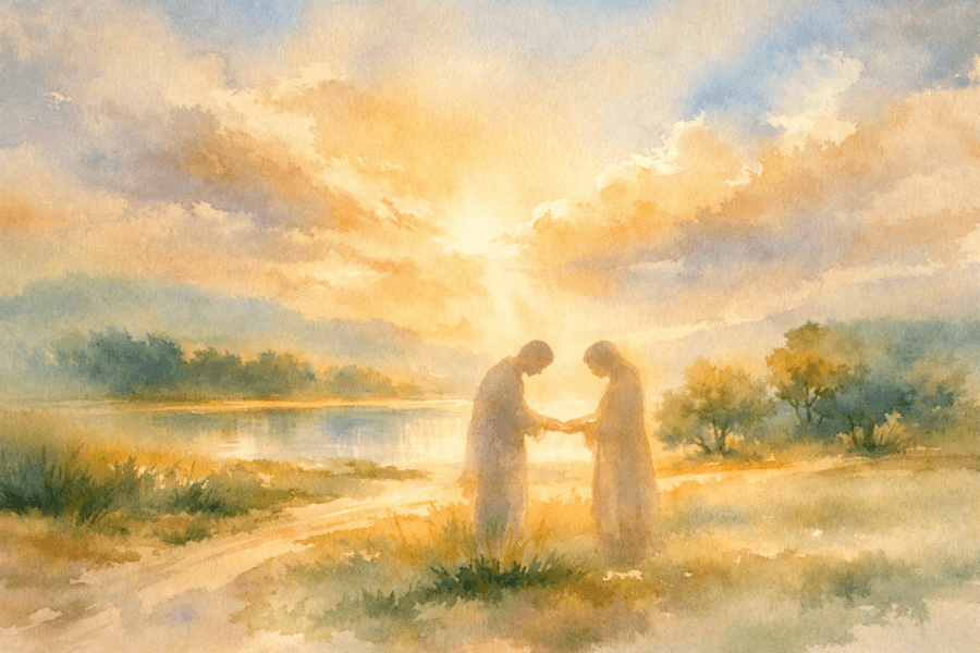 “Two figures greeting in golden light, symbolizing meeting Christ in each other”