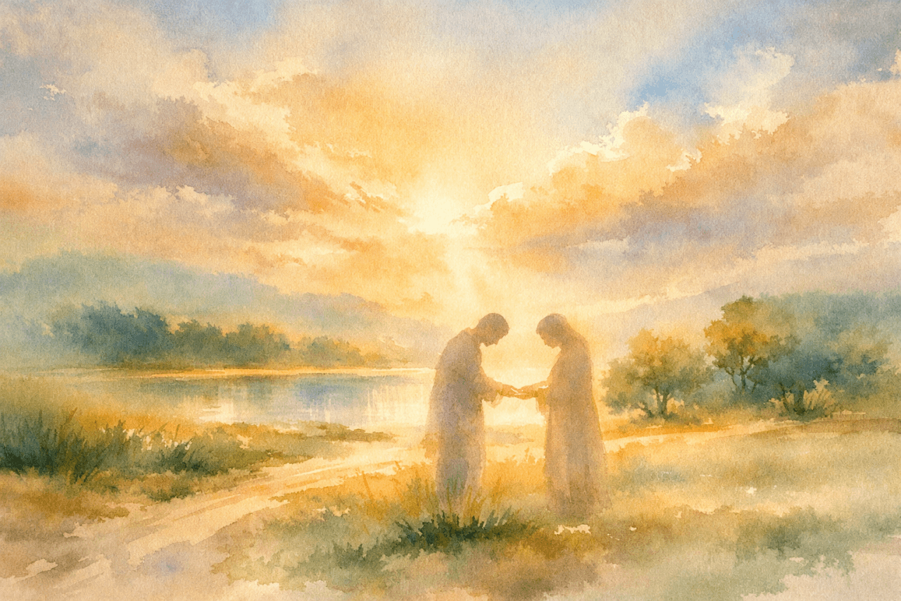“Two figures greeting in golden light, symbolizing meeting Christ in each other”
