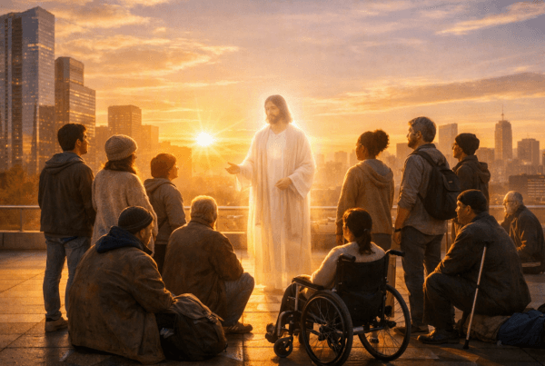 Modern sunrise with diverse people and Christ figure — reflection on trust, identity, and mission