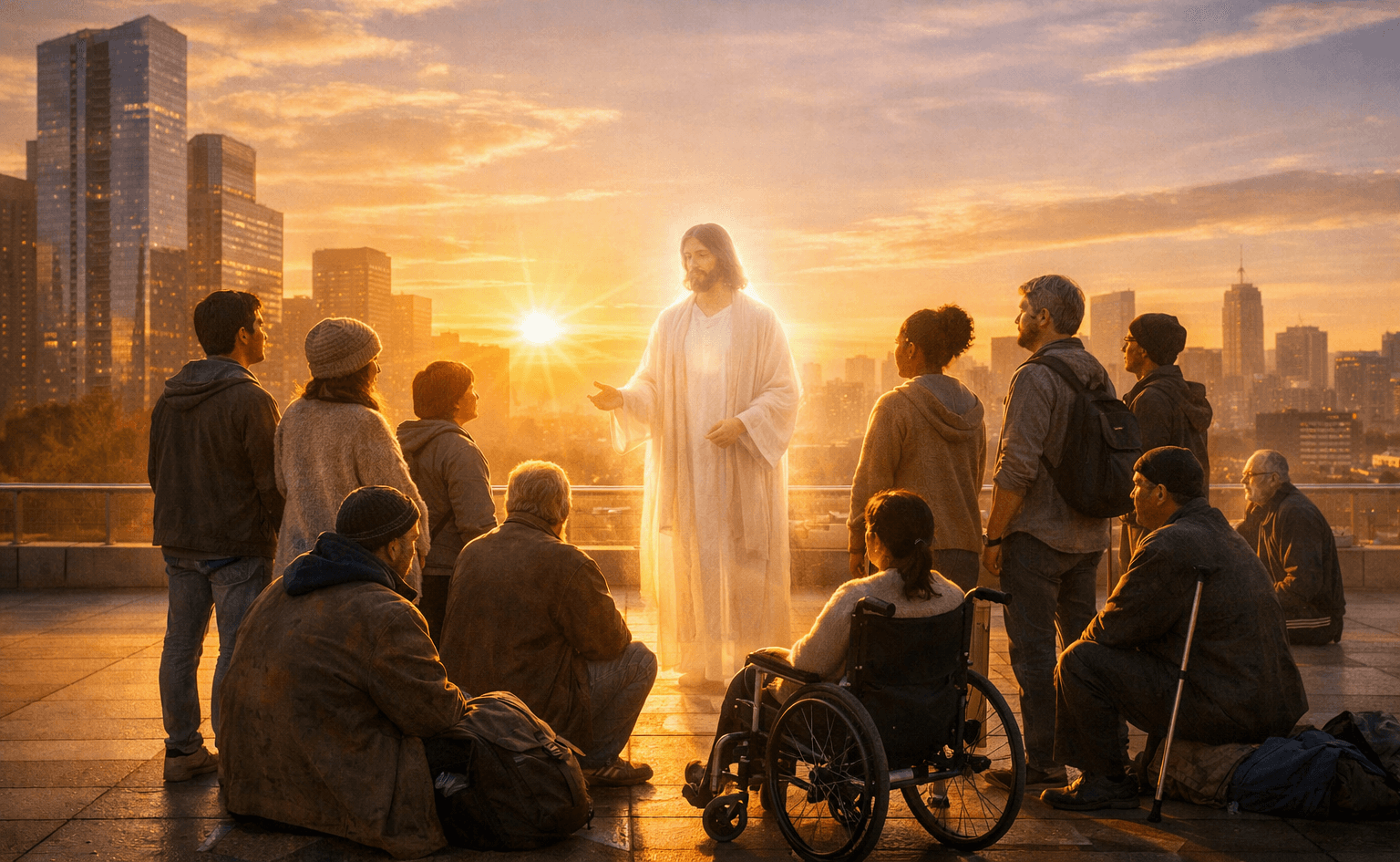 Modern sunrise with diverse people and Christ figure — reflection on trust, identity, and mission