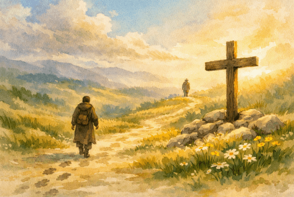 A hopeful watercolor landscape showing two pilgrims walking a winding path toward a sunlit wooden cross, symbolizing the journey toward the cross.