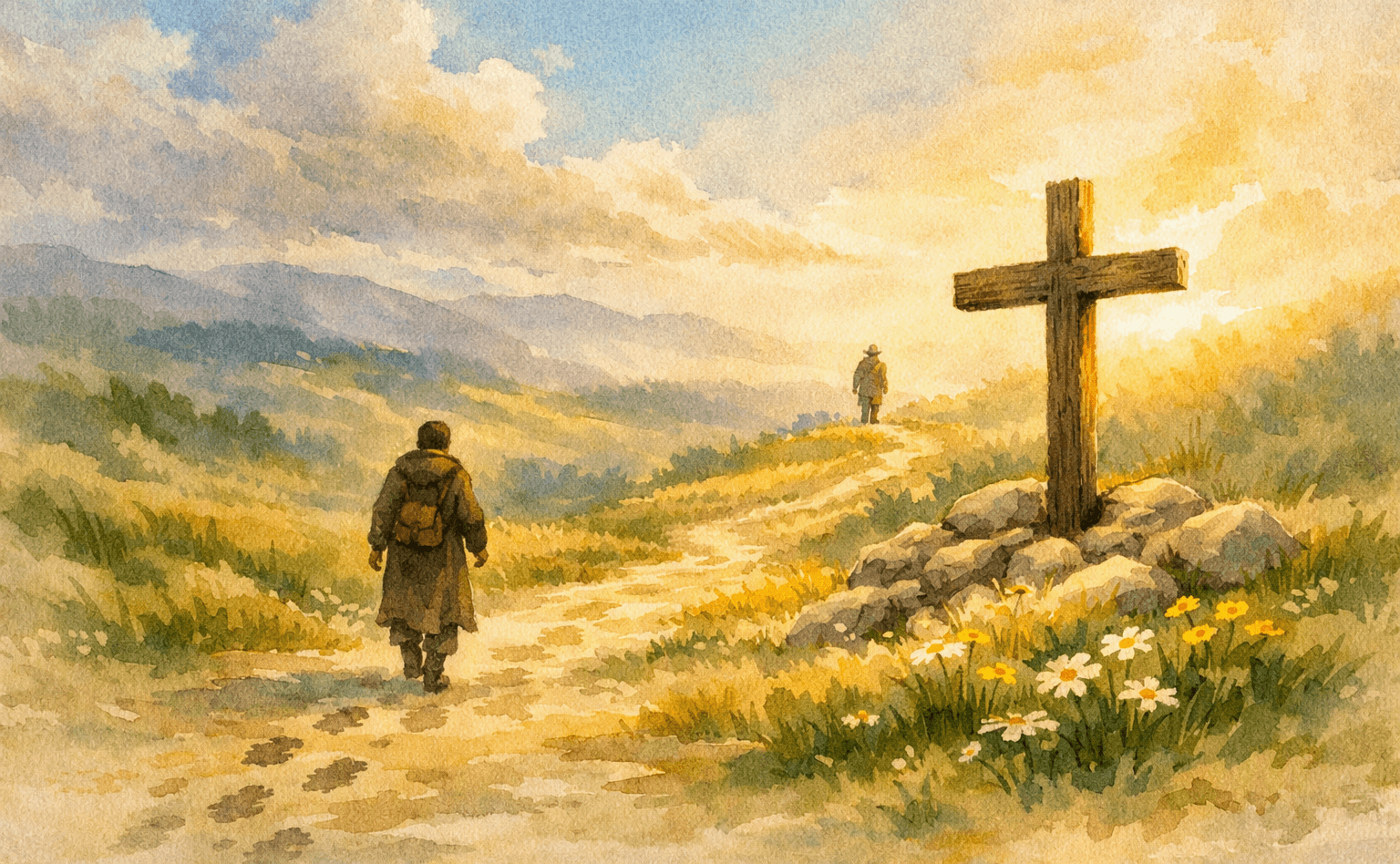 A hopeful watercolor landscape showing two pilgrims walking a winding path toward a sunlit wooden cross, symbolizing the journey toward the cross.