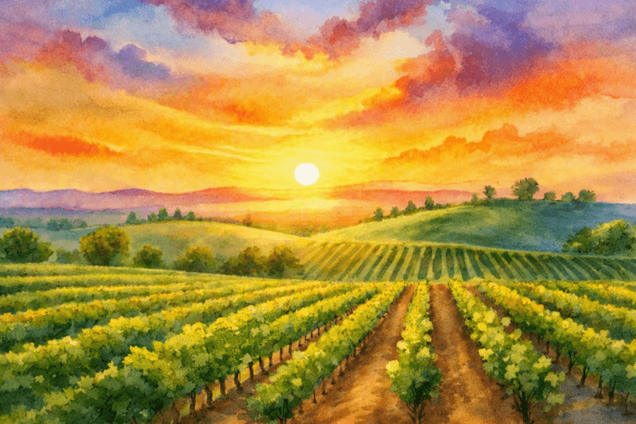 Watercolor vineyard sunrise symbolizing God’s generosity and divine grace