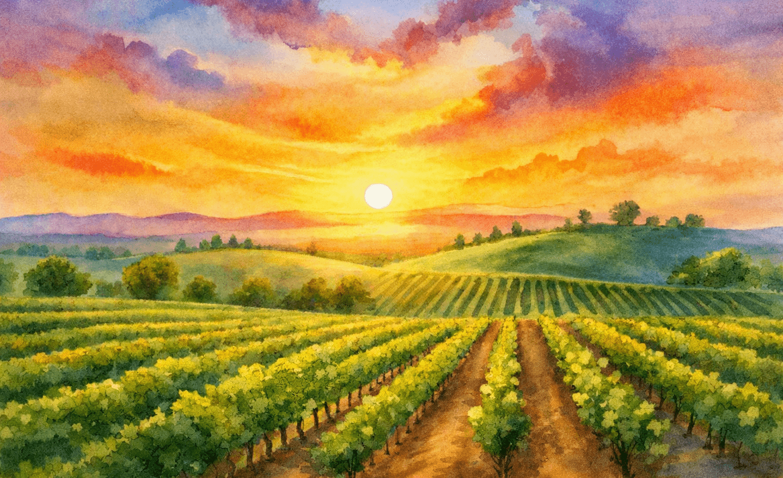 Watercolor vineyard sunrise symbolizing God’s generosity and divine grace