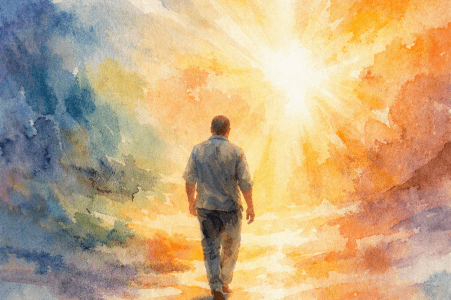 A watercolor painting of a lone figure walking toward radiant light, symbolizing Christian conversion and humility.