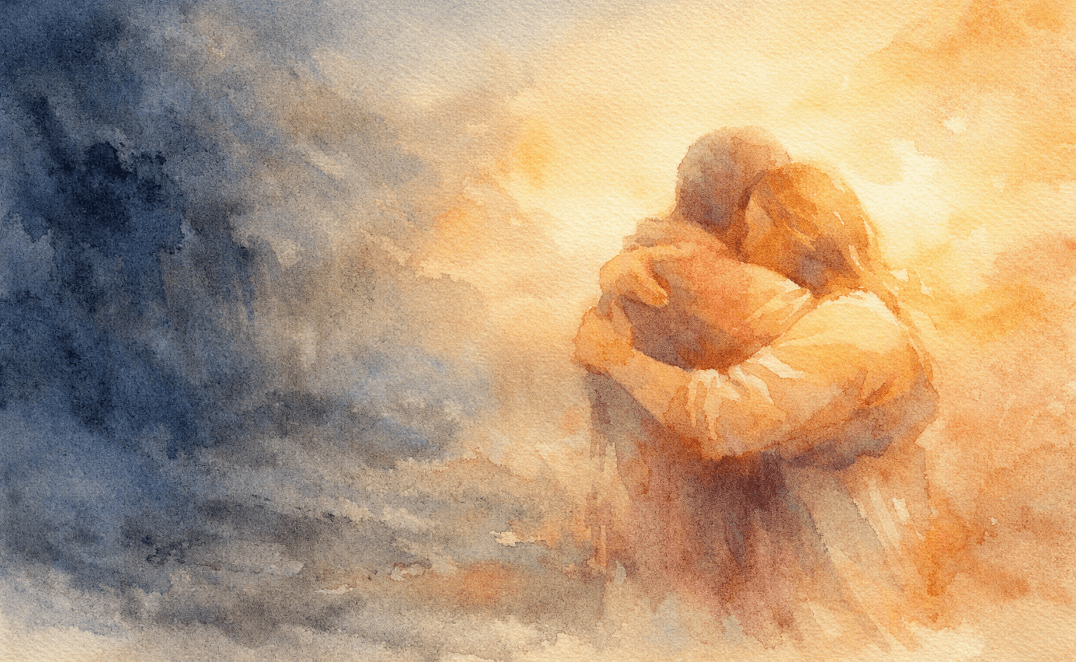 Watercolor painting of two figures embracing in warm golden light, symbolizing forgiveness, healing, and renewal emerging from a shadowed past.