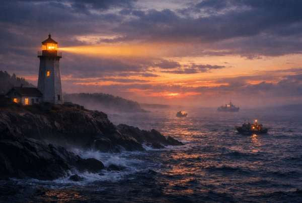 Nova Scotia lighthouse at dusk symbolizing Labour Day Christian reflection on reconciliation and responsible love.