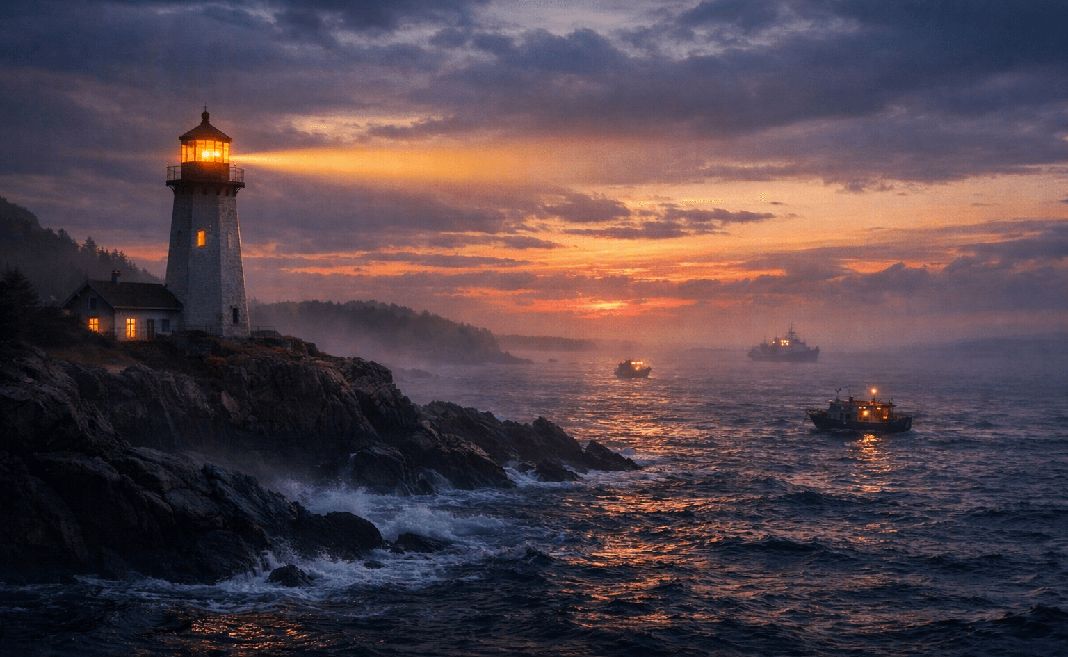 Nova Scotia lighthouse at dusk symbolizing Labour Day Christian reflection on reconciliation and responsible love.
